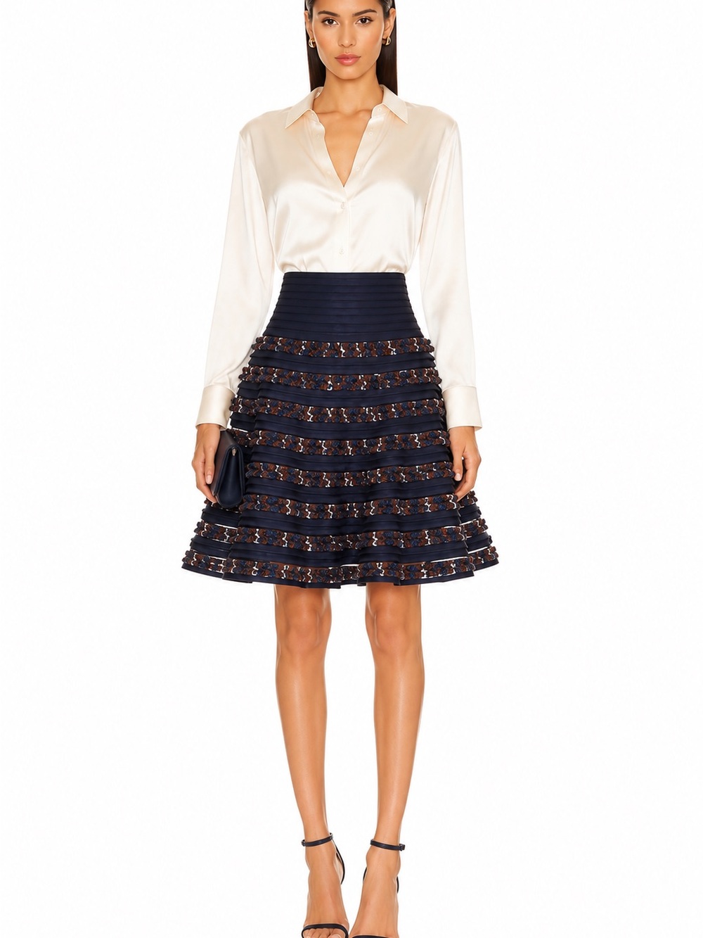 Oscar de la Renta Silk Lined Wool Blend Tweed Ribbon Midi Skirt Navy A Line Text